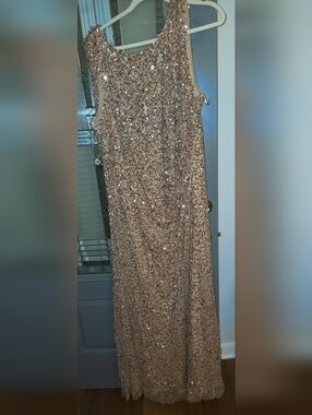 Adrianna Papell Rose Gold Sequin Cowl Back Drape Evening Gown NWT